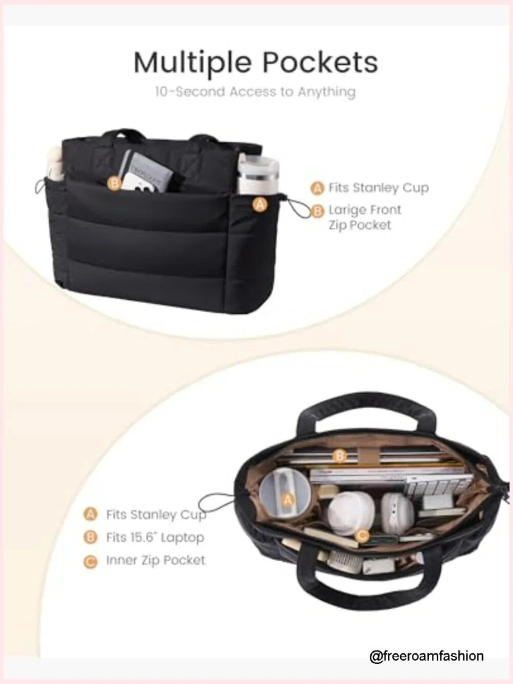 Puffer Tote Bag with Tumbler Holder, Laptop Handbag for Work Travel